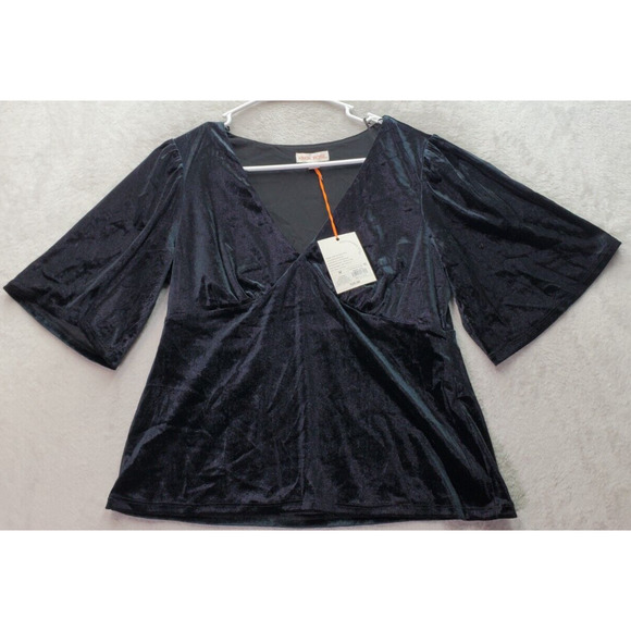 Knox Rose Blouse Top Women's Medium Black‎ Velour Polyester Short Sleeve V Neck - Picture 1 of 9
